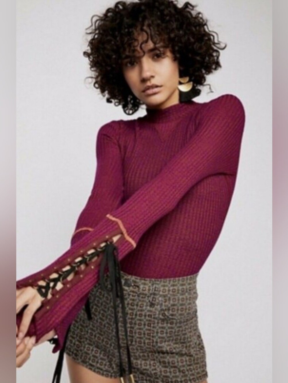NWT Free People Mountaineer  Burgundy Thermal Top With Lace-Up Detail Cuffs